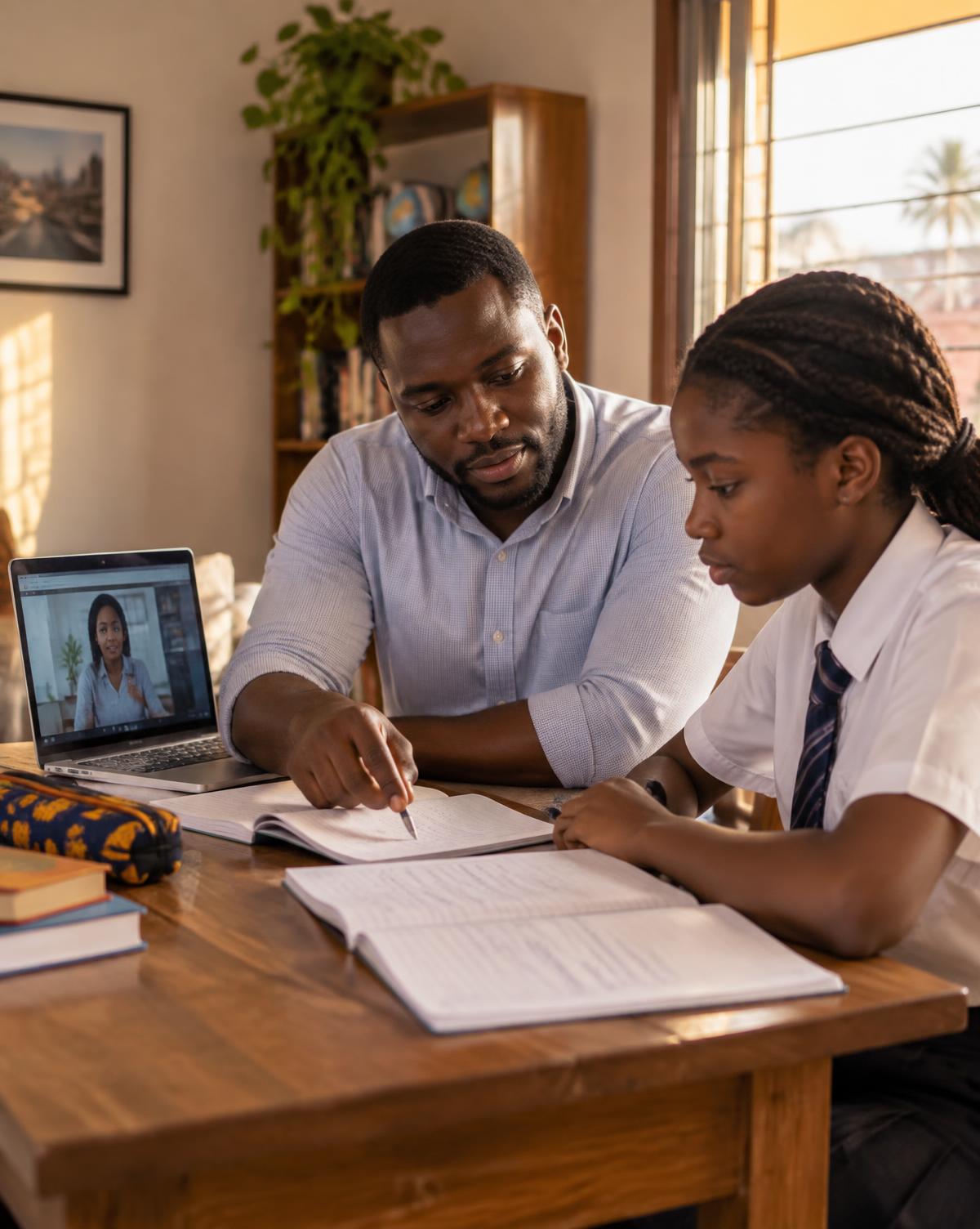 A tutor working through exercise books with a secondary school student in Accra